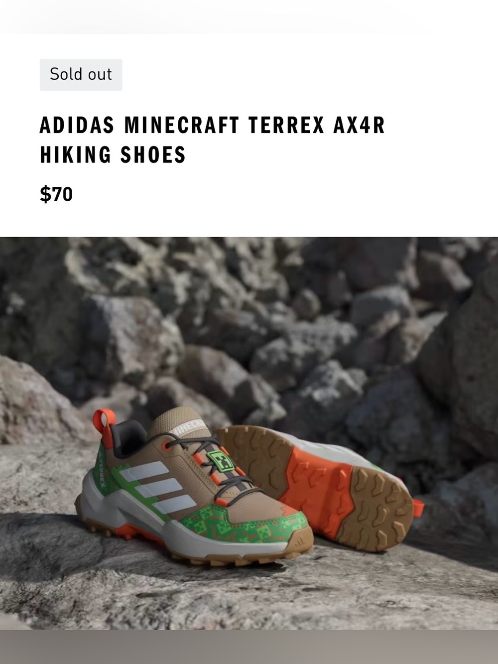 💚 adidas Minecraft Terrex AX4R Hiking Shoes Kids Size 3 🧡